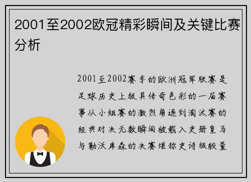2001至2002欧冠精彩瞬间及关键比赛分析