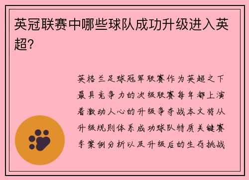 英冠联赛中哪些球队成功升级进入英超？