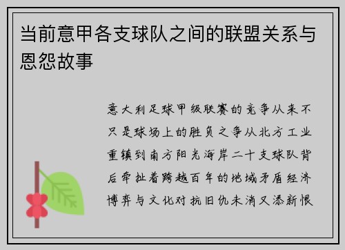 当前意甲各支球队之间的联盟关系与恩怨故事