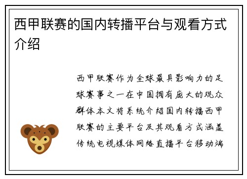 西甲联赛的国内转播平台与观看方式介绍